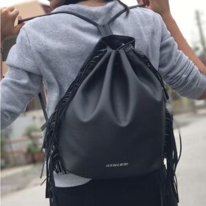 Victoria Secret Black faux Leather Fringe tassel backpack drawstring